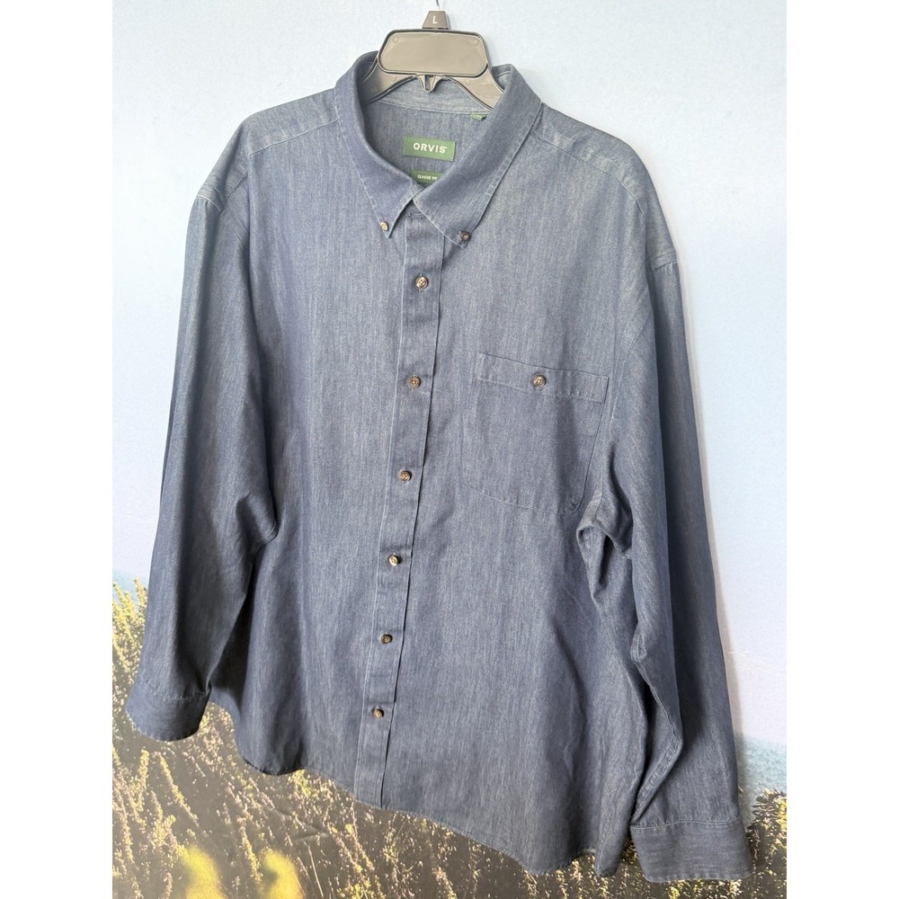 Orvis Denim Shirt Mens XXL Blue Chambray Cotton Long Sleeve Button Down Classic